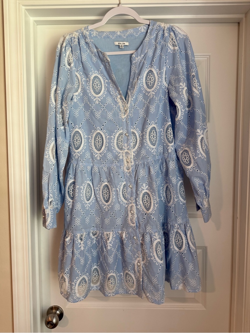 BTFL Life Light Blue Embroidered Tiered Cotton Dress